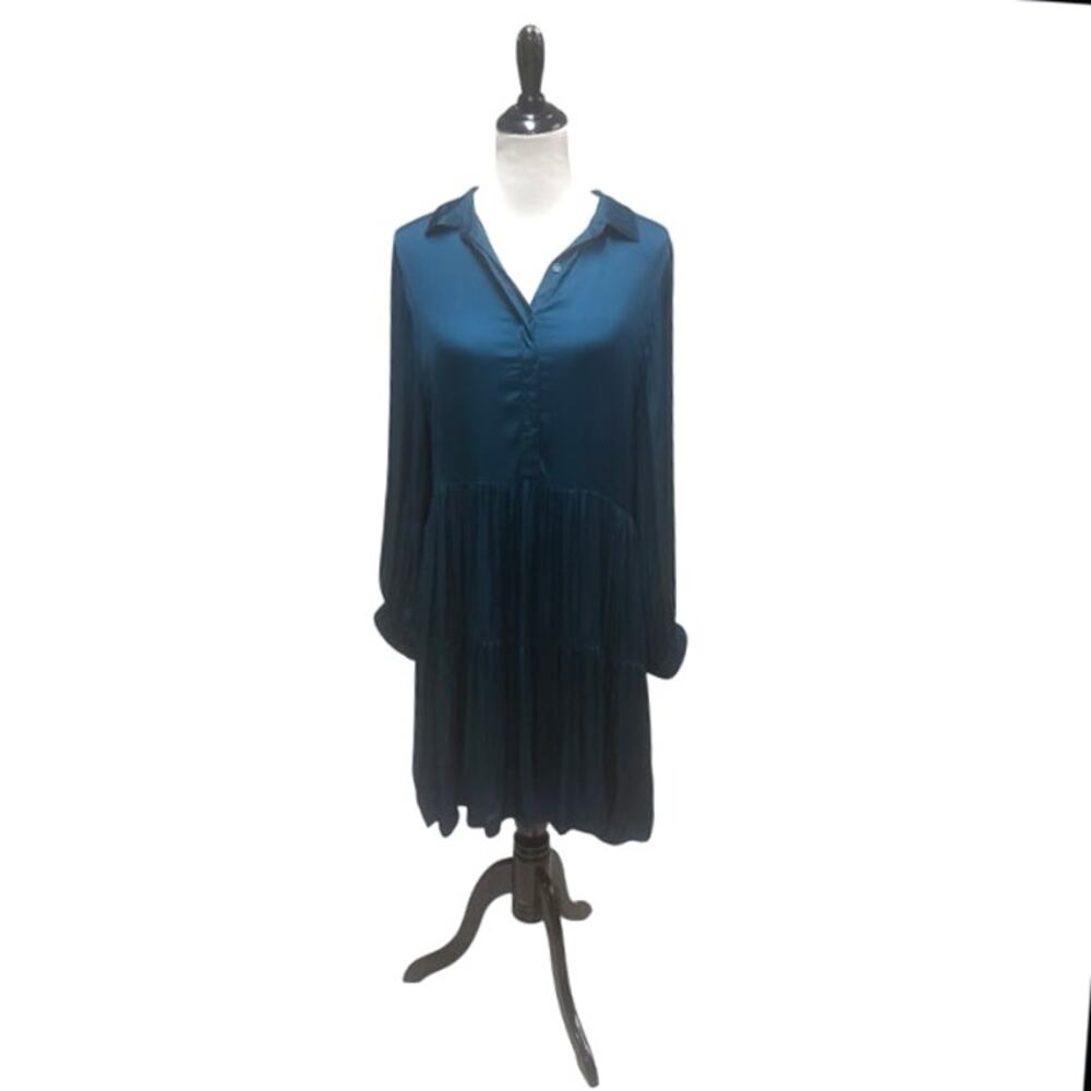 Young Fabulous & Broke Long Sleeve Tiered Shirt Dress Teal Blue EUC Size Medium